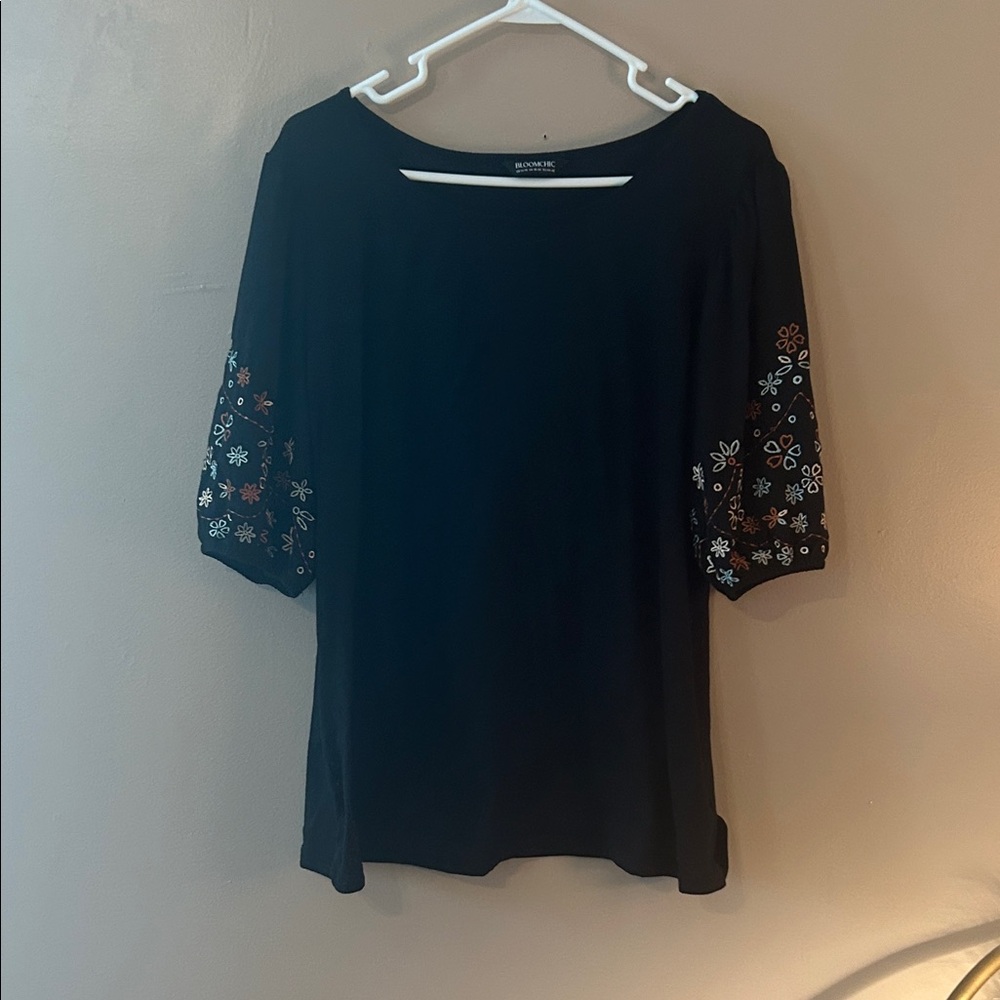 BloomChic Black Blouse with Floral Embroidery